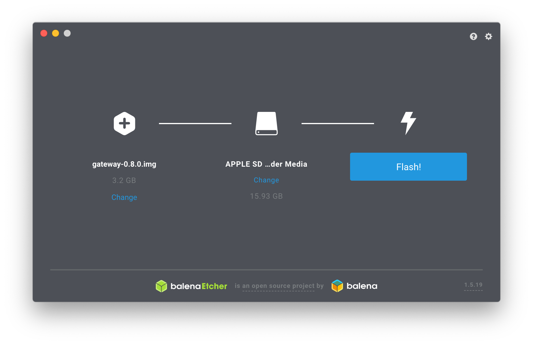 Screenshot of the Etcher user interface showing an .img file as the source and a card reader as the target