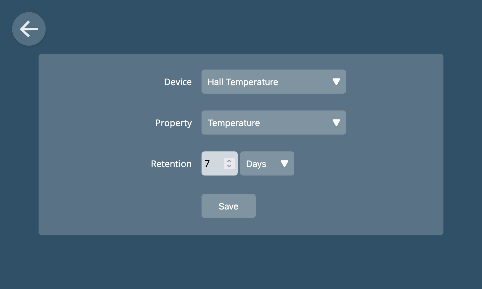 Screenshot of the new log screen with dropdowns for device and property name, and a number field and unit dropdown for the retention period